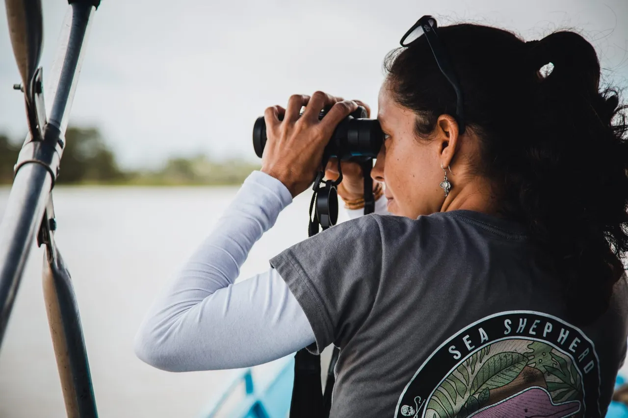 Uma pesquisadora da Sea Shepherd Brasil usa binóculos a bordo de um barco para procurar botos no rio