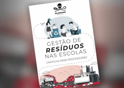 Capa da cartilha, com uma ilustração de pessoas separando resíduos para reciclagem