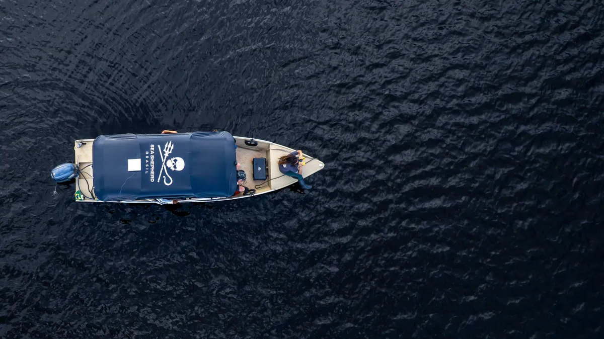 Lancha Anhangá I, da Sea Shepherd Brasil, vista de cima durante o monitoramento no lago Coari