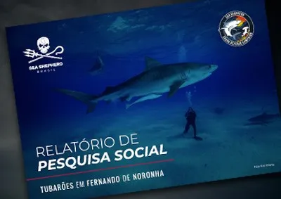 Capa do relatório, com um tubarão-tigre e um mergulhador em Fernando de Noronha