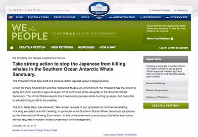 Para assinar a petição "Tome medidas firmes para impedir os japoneses de matar baleias no Santuário de Baleias do Oceano Antártico", acesse: http://wh.gov/Vnbu. Crédito: página de petição da Casa Branca, "We The People"