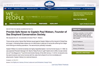 Para assinar "Forneça um refúgio ao Capitão Paul Watson, fundador da Sea Shepherd Conservation Society", acesse: http://wh.gov/VnRf. Crédito: página de petição da Casa Branca, "We The People"