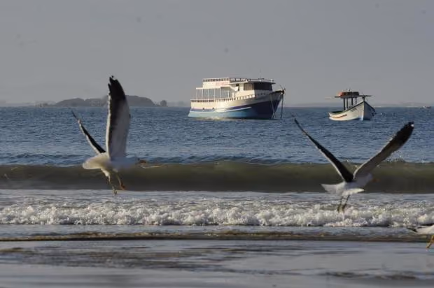 Empresa tem embarcação de turismo de baleias parada à margem da praia, em Garopaba Foto: Agencia RBS