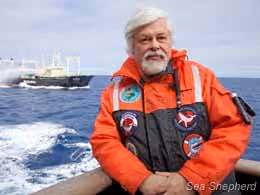 Capitão Paul Watson defende as baleias no Santuário de Baleias do Oceano Antártico, enquanto o navio-fábrica japonês, Nisshin Maru, esconde-se nas proximidades. Foto: Barbara Veiga