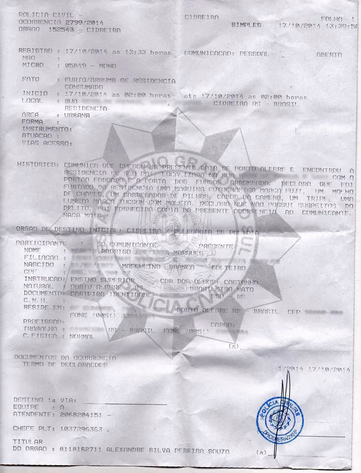 Boletim de ocorrência feito após o roubo.