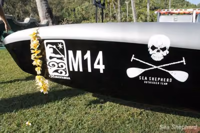 Canoa com o símbolo da Sea Shepherd. Foto: Deborah Bassett / Sea Shepherd