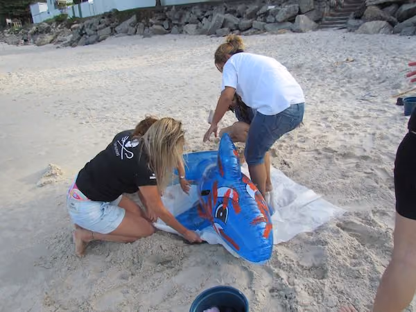 Simulação de salvamento de golfinho na praia. Foto: ISSB