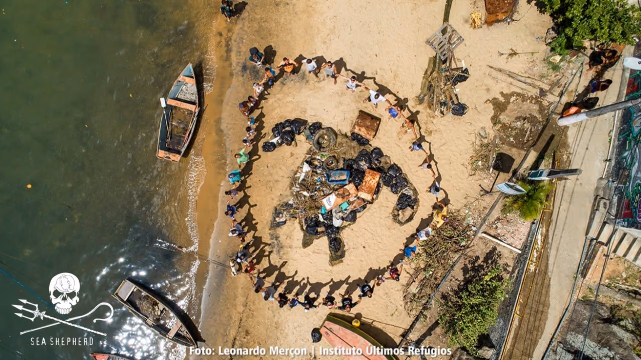 Representação artística do lixo recolhido num mosaico de Tartaruga Marinha – imagem de drone de Leonardo Merçon do Instituto Últimos Refúgios.