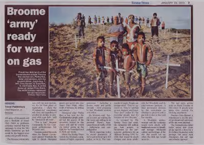 Artigo do Times, "’Exército’ de Broome pronto para a guerra contra o gás", 20 de janeiro de 2013