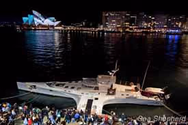 O Brigitte Bardot ancorado em Sydney durante passeio noturno. Foto: Glenn Lockitch
