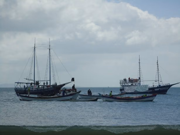 Pescadores artezanais e escunas reunidas contra o estaleiro.