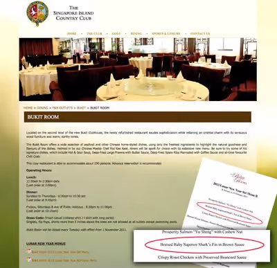 Menu claramente oferecendo barbatana de tubarão bebê assada em molho tradicional