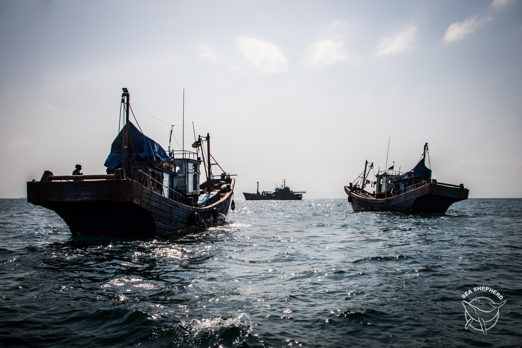 Os barcos de pesca ‘Tianyu 9’ e ‘Tianyu 10’, sendo escoltados pelo ‘Bob Barker’ para o porto após apreensão. Foto: Tara Lambourne/Sea Shepherd.
