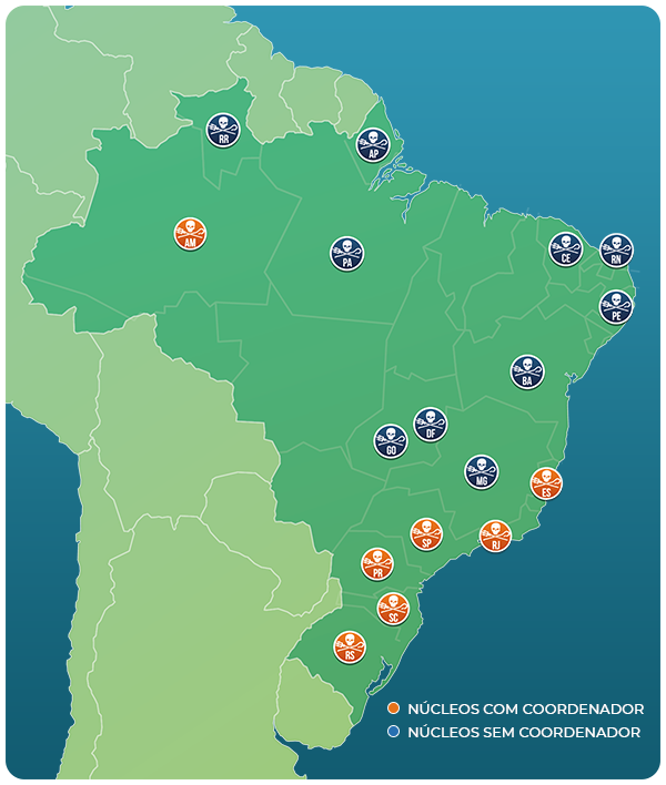 Mapa do Brasil indicando estados com núcleos presentes